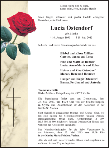 Traueranzeigen Von Lucia Ostendorf Om Trauer De